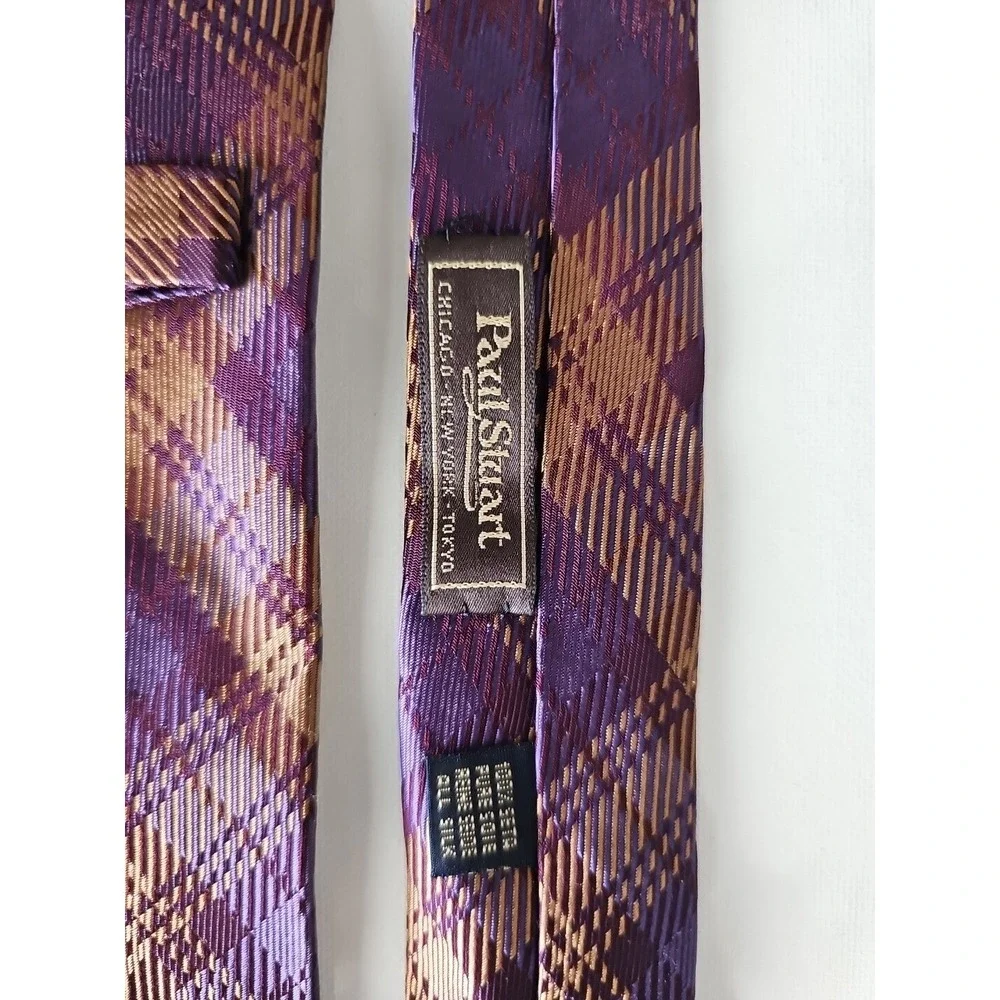 Paul Stuart Brown‎ Purple Plaid Design Handmade 100% Silk Neck Tie Made in Italy